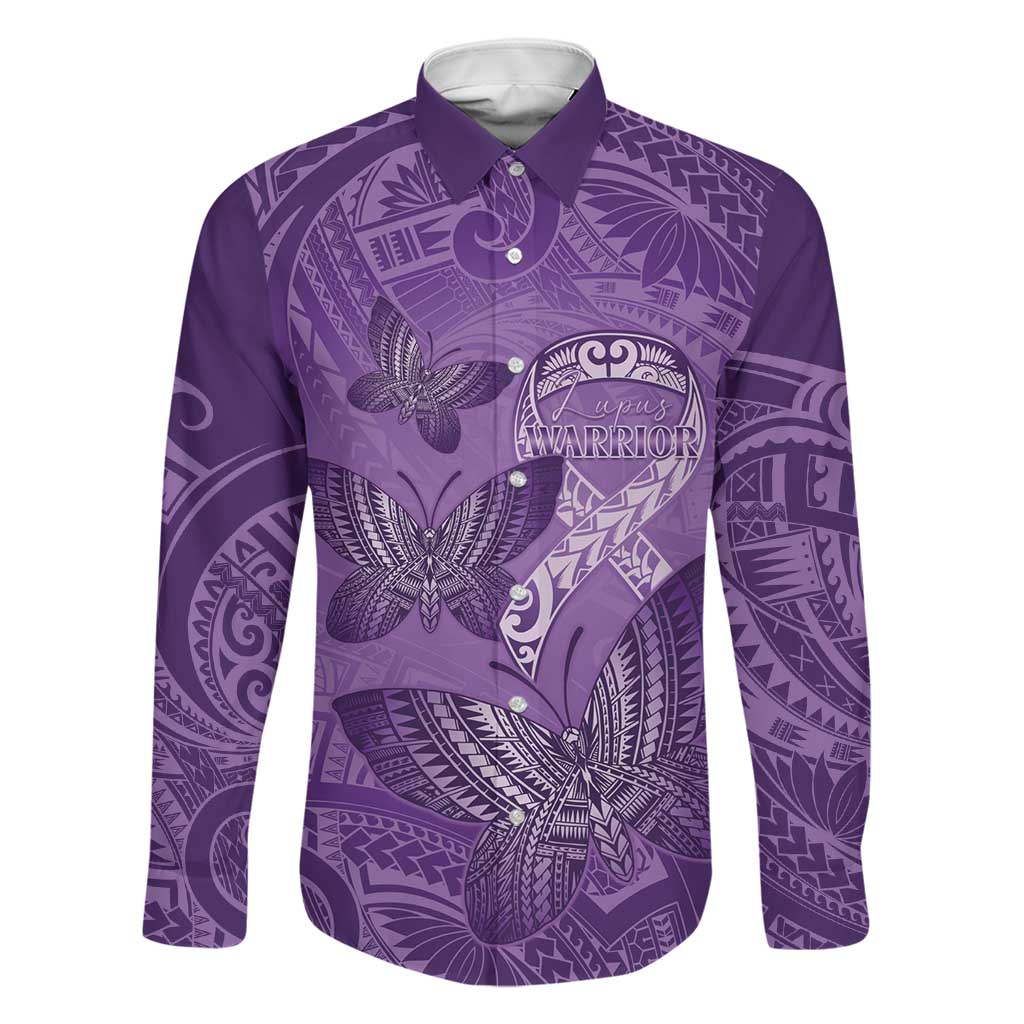 Personalised Polynesia Lupus Awareness Month Family Matching Short Sleeve Bodycon Dress and Hawaiian Shirt Warrior Purple Ribbon Polynesian Butterflies LT14 Dad's Shirt - Long Sleeve Purple - Polynesian Pride