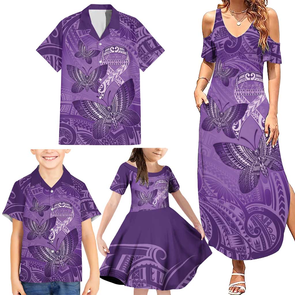 Personalised Polynesia Lupus Awareness Month Family Matching Summer Maxi Dress and Hawaiian Shirt Warrior Purple Ribbon Polynesian Butterflies