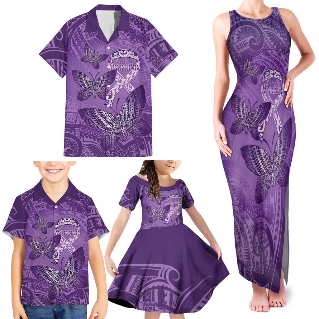 Personalised Polynesia Lupus Awareness Month Family Matching Tank Maxi Dress and Hawaiian Shirt Warrior Purple Ribbon Polynesian Butterflies