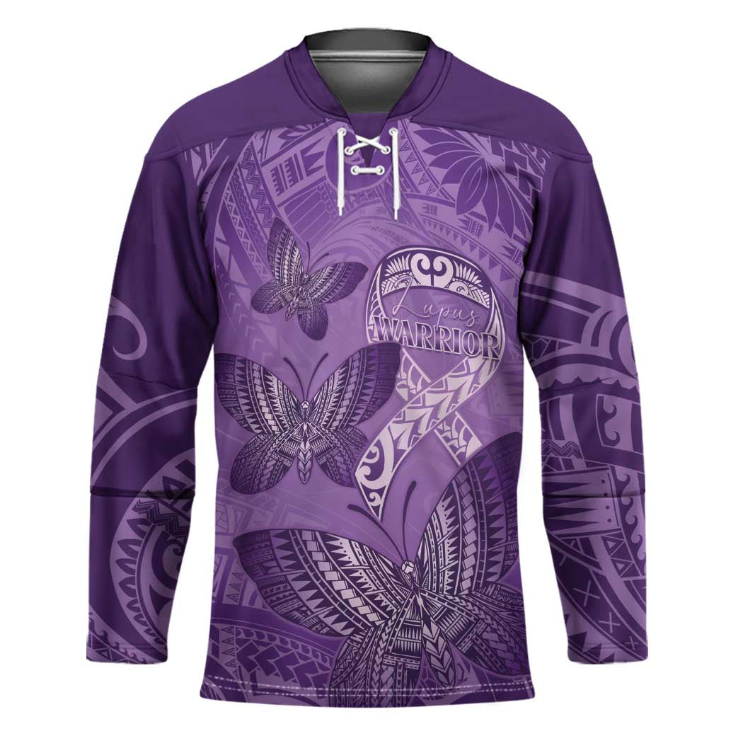 Personalised Polynesia Lupus Awareness Month Hockey Jersey Warrior Purple Ribbon Polynesian Butterflies LT14 Unisex Purple - Polynesian Pride