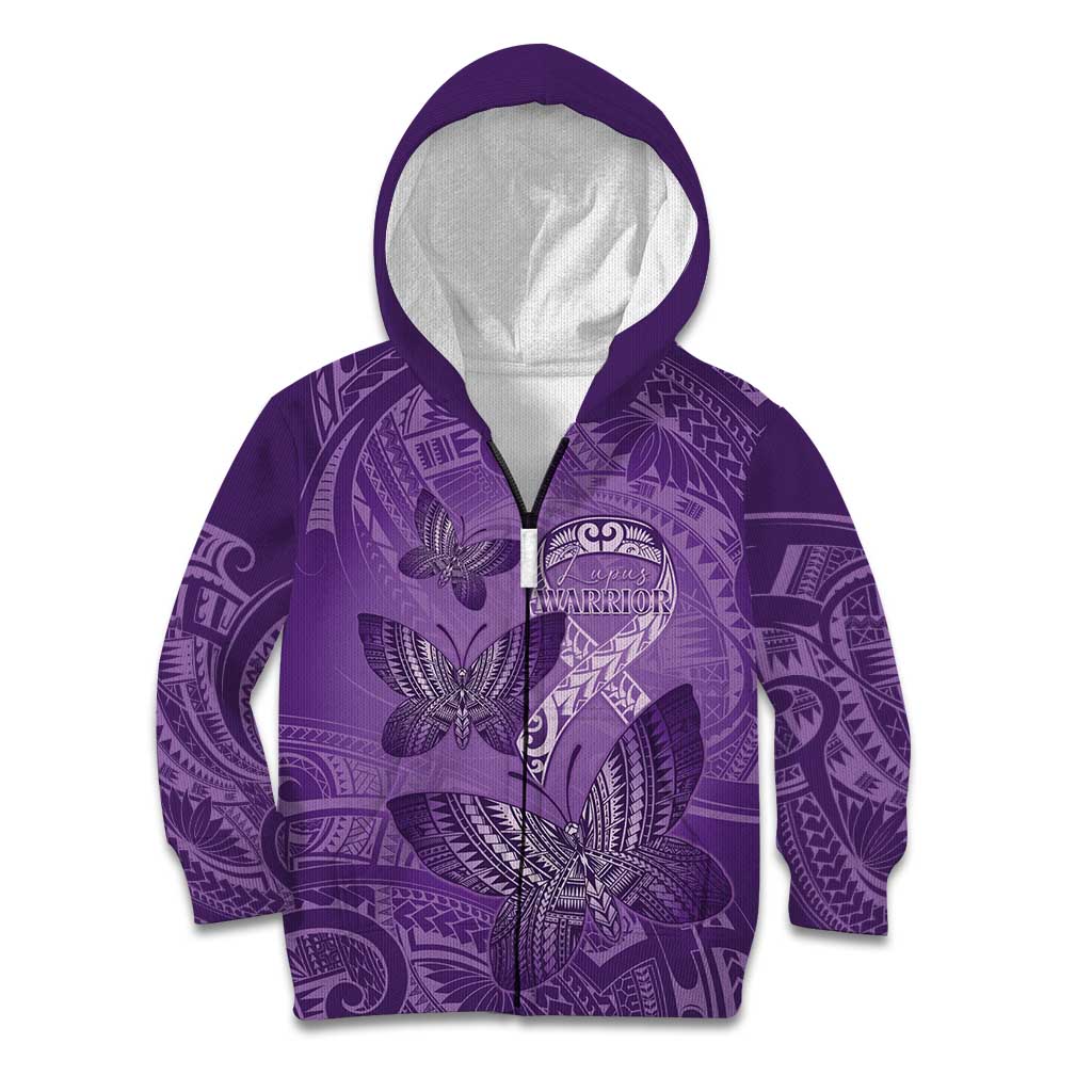 Personalised Polynesia Lupus Awareness Month Kid Hoodie Warrior Purple Ribbon Polynesian Butterflies