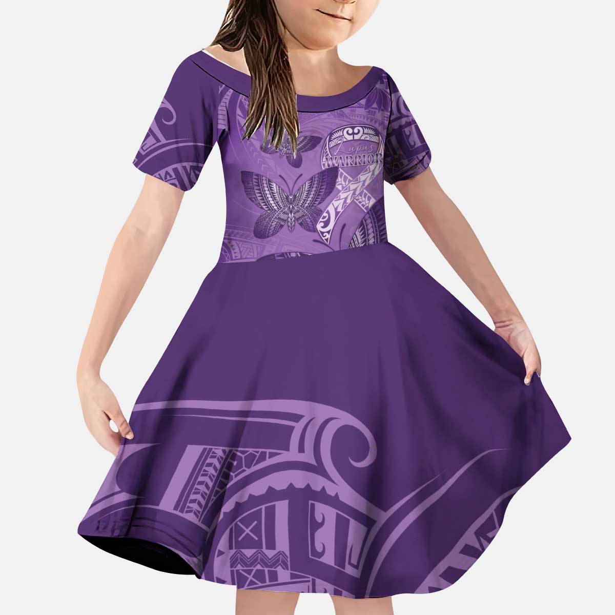 Personalised Polynesia Lupus Awareness Month Kid Short Sleeve Dress Warrior Purple Ribbon Polynesian Butterflies LT14 KID Purple - Polynesian Pride