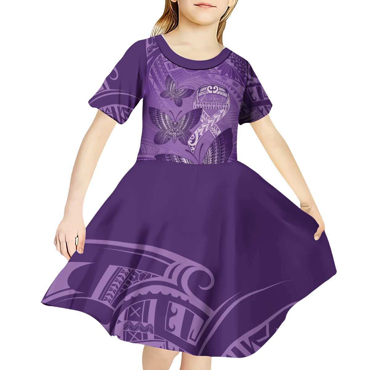 Personalised Polynesia Lupus Awareness Month Kid Short Sleeve Dress Warrior Purple Ribbon Polynesian Butterflies LT14 - Polynesian Pride