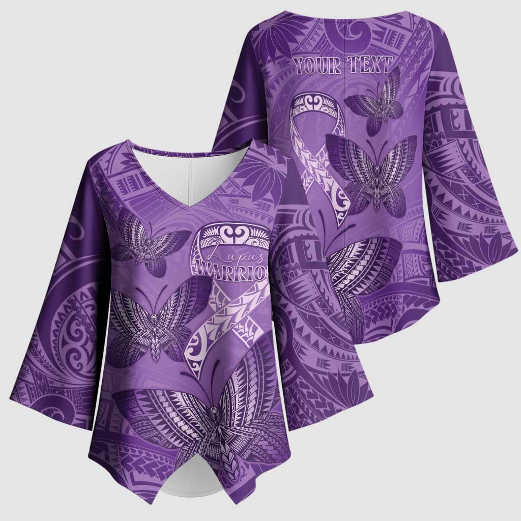 Personalised Polynesia Lupus Awareness Month Kimono Sleeve Blouse Warrior Purple Ribbon Polynesian Butterflies LT14 - Polynesian Pride