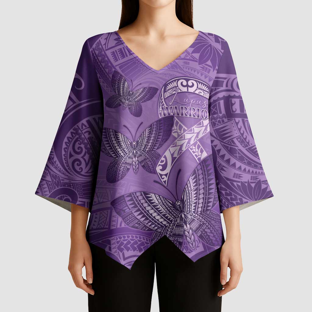 Personalised Polynesia Lupus Awareness Month Kimono Sleeve Blouse Warrior Purple Ribbon Polynesian Butterflies LT14 - Polynesian Pride