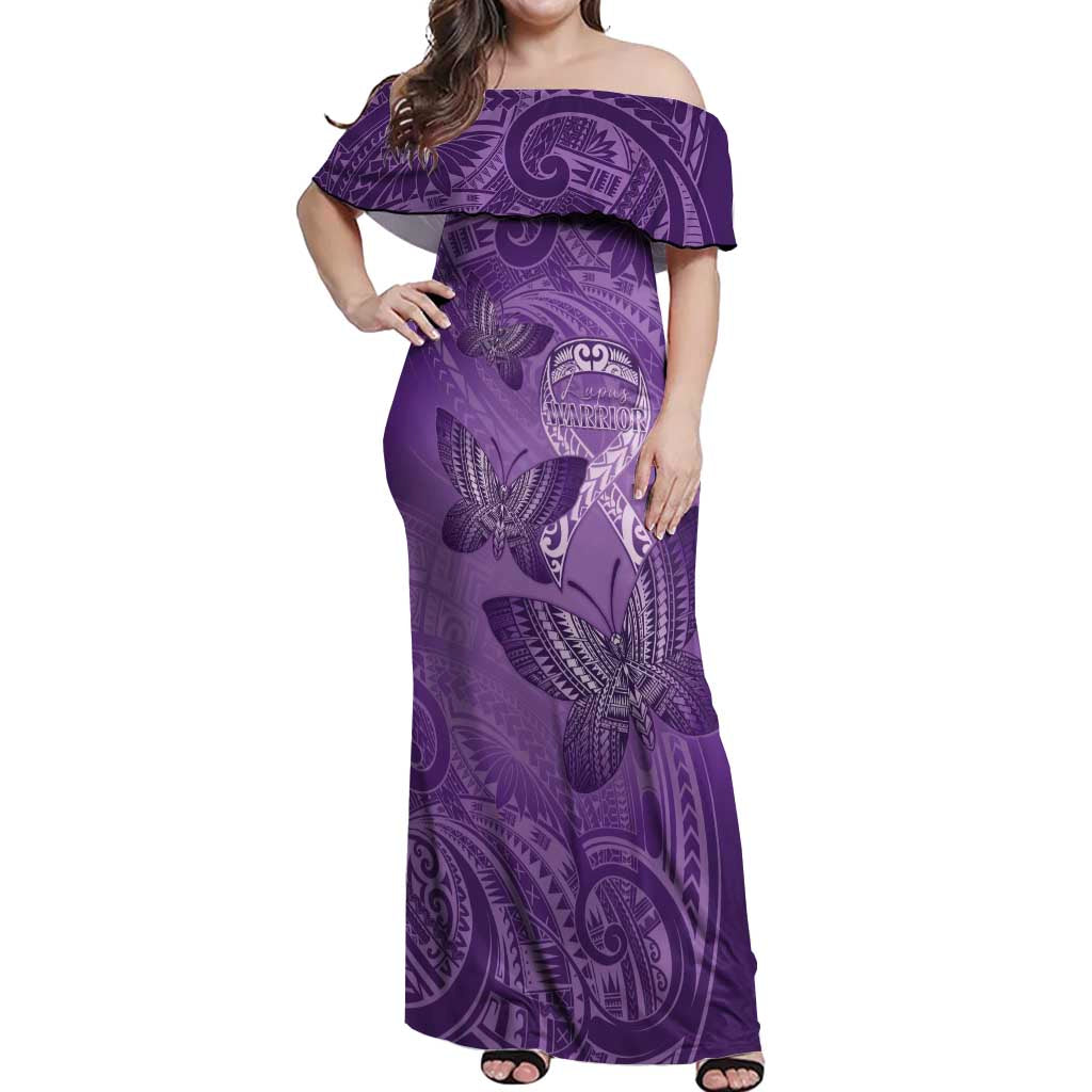 Personalised Polynesia Lupus Awareness Month Off Shoulder Maxi Dress Warrior Purple Ribbon Polynesian Butterflies LT14 Women Purple - Polynesian Pride