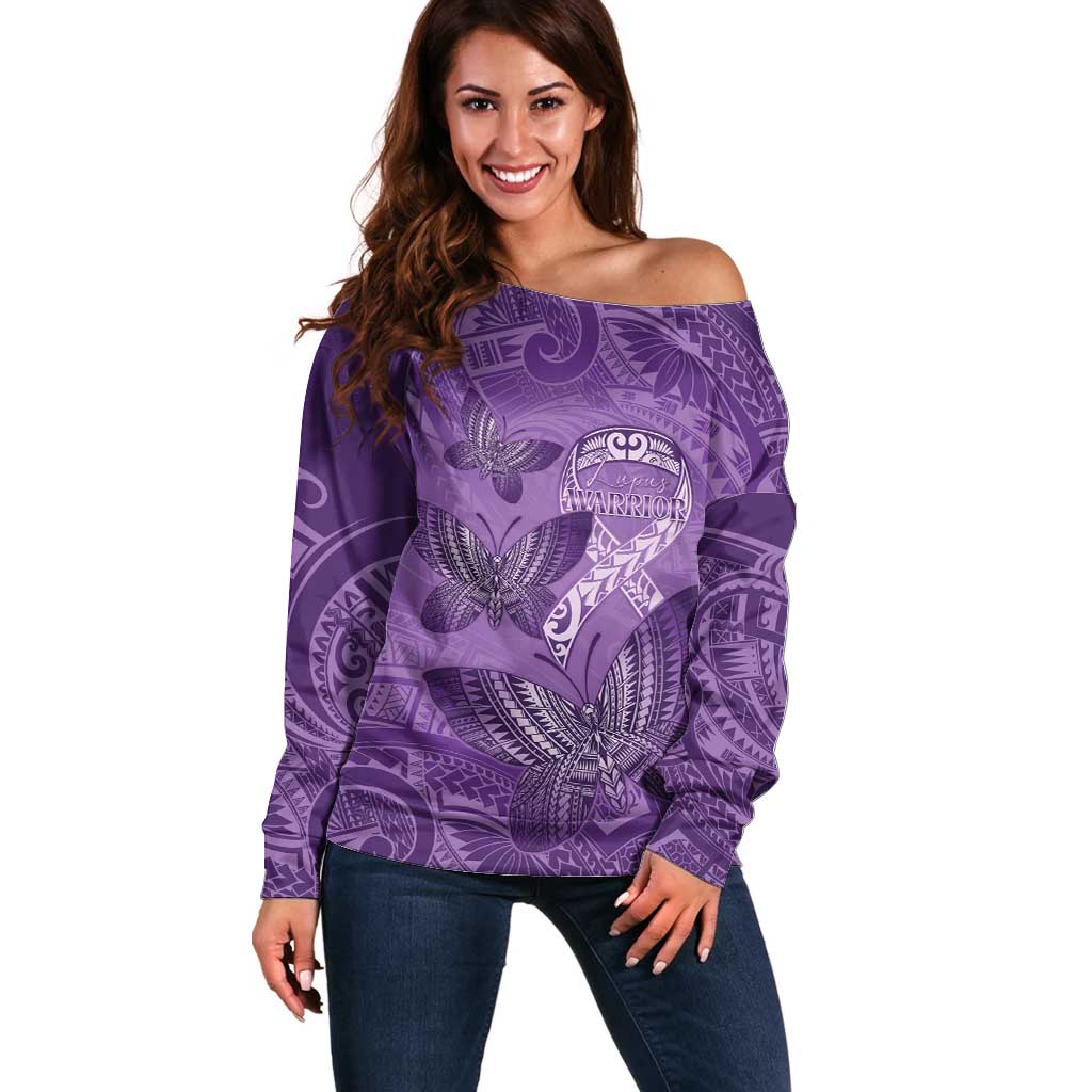 Personalised Polynesia Lupus Awareness Month Off Shoulder Sweater Warrior Purple Ribbon Polynesian Butterflies