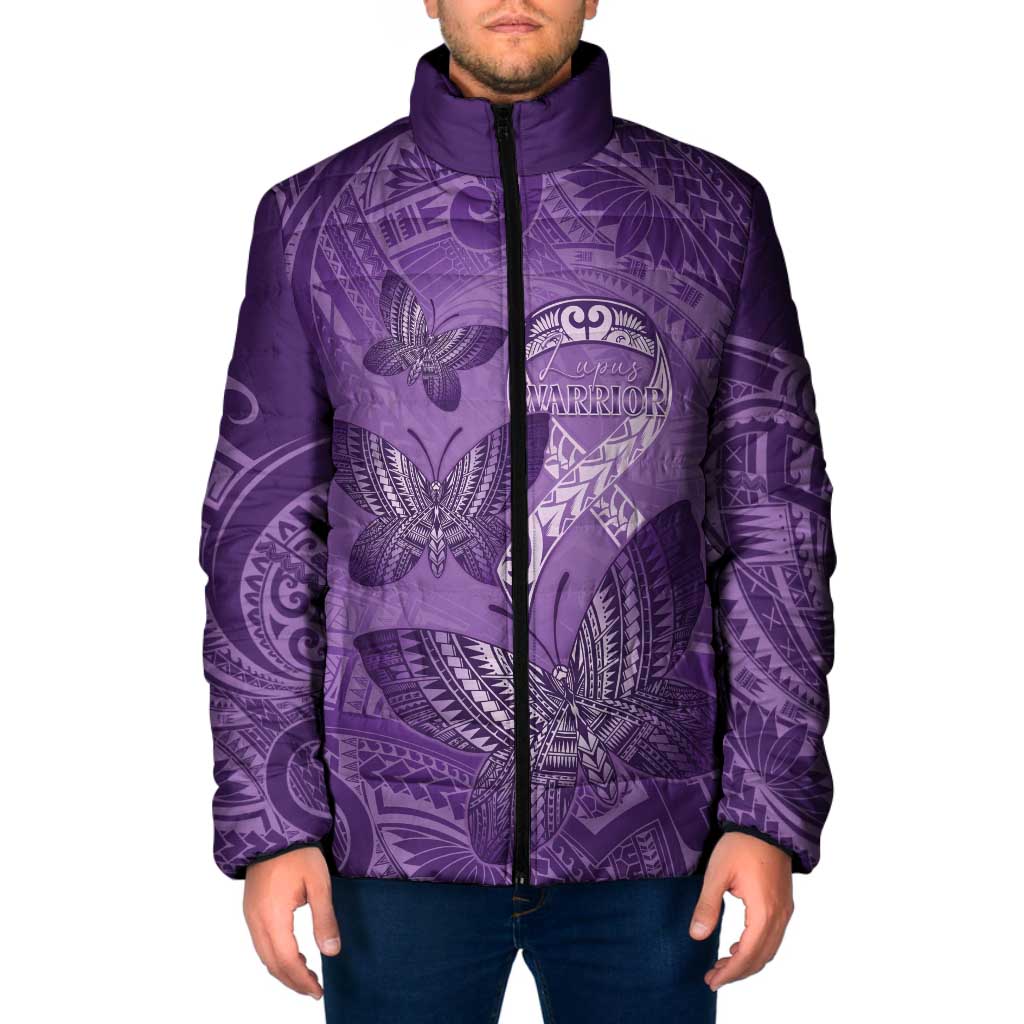Personalised Polynesia Lupus Awareness Month Padded Jacket Warrior Purple Ribbon Polynesian Butterflies