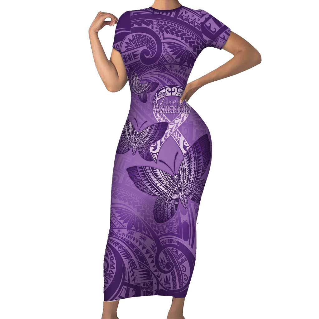 Personalised Polynesia Lupus Awareness Month Short Sleeve Bodycon Dress Warrior Purple Ribbon Polynesian Butterflies LT14 Long Dress Purple - Polynesian Pride
