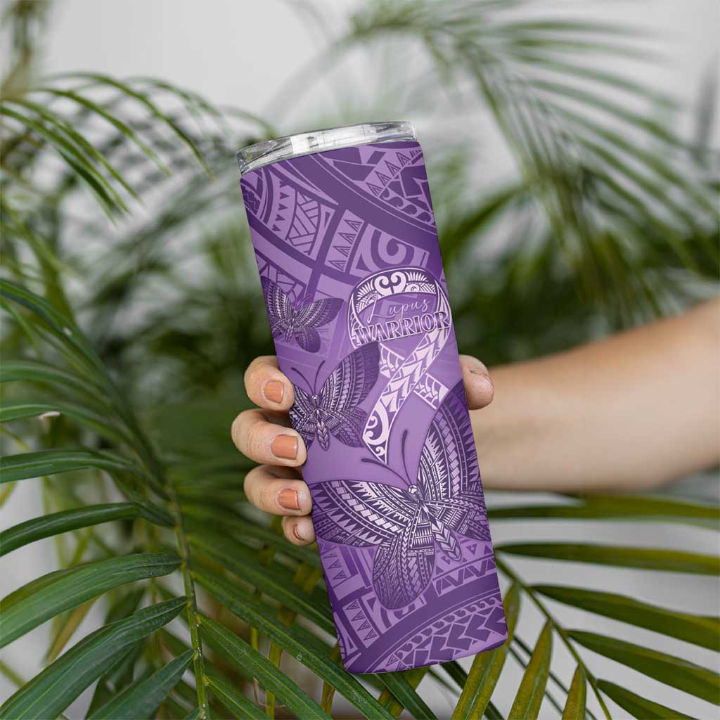 Personalised Polynesia Lupus Awareness Month Skinny Tumbler Warrior Purple Ribbon Polynesian Butterflies