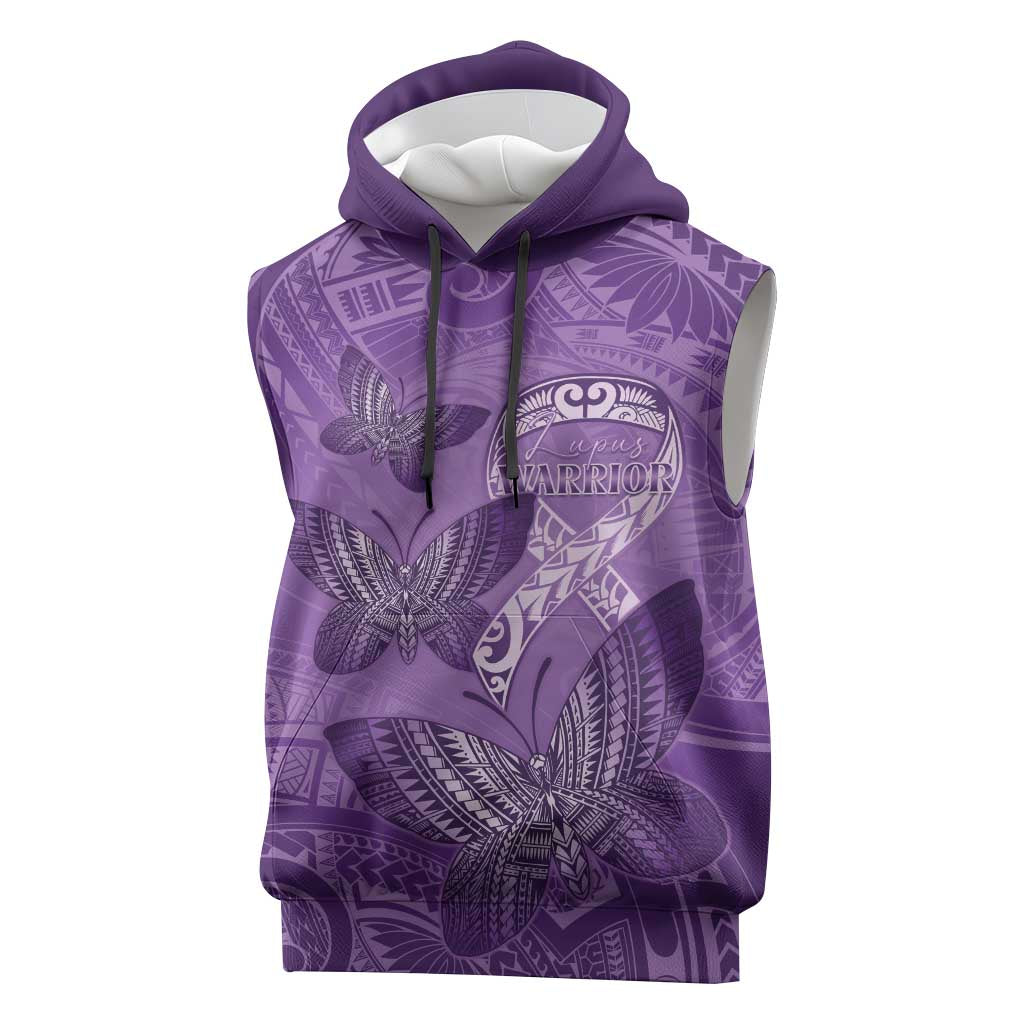 Personalised Polynesia Lupus Awareness Month Sleeveless Hoodie Warrior Purple Ribbon Polynesian Butterflies LT14 Purple - Polynesian Pride