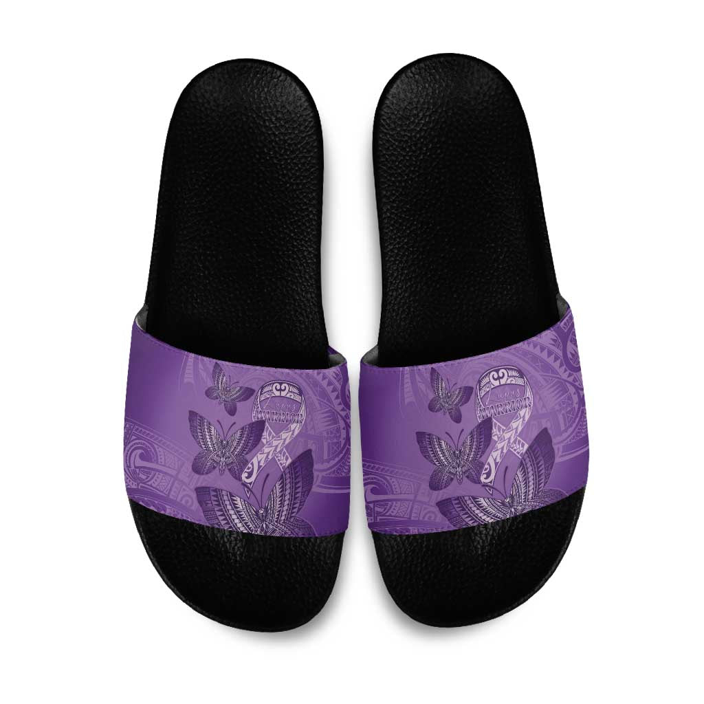 Polynesia Lupus Awareness Month Slide Sandals Warrior Purple Ribbon Polynesian Butterflies