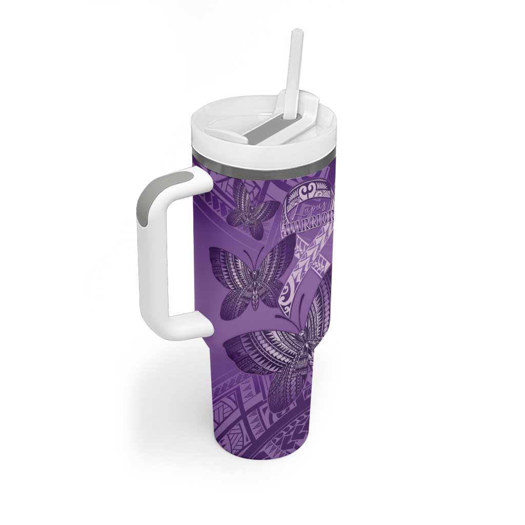 Personalised Polynesia Lupus Awareness Month Tumbler With Handle Warrior Purple Ribbon Polynesian Butterflies