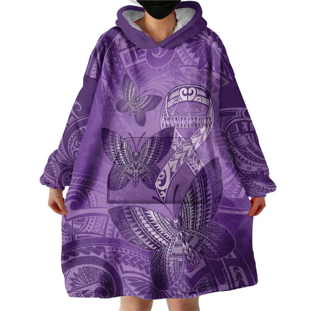 Personalised Polynesia Lupus Awareness Month Wearable Blanket Hoodie Warrior Purple Ribbon Polynesian Butterflies