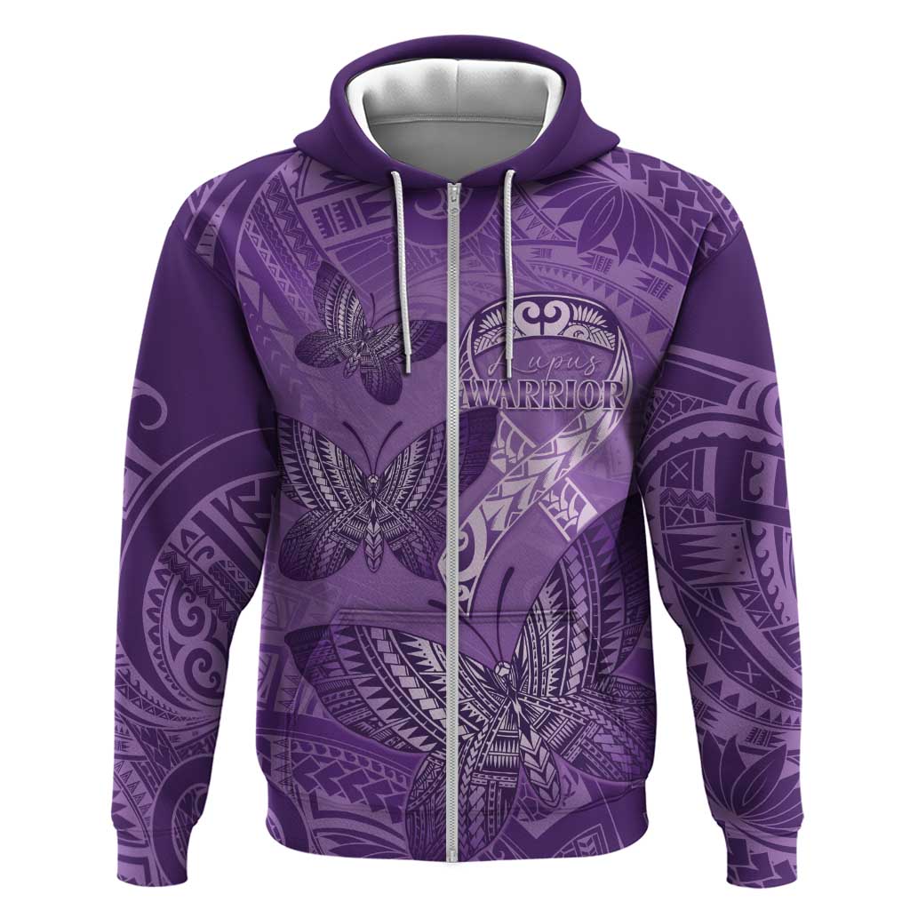 Personalised Polynesia Lupus Awareness Month Zip Hoodie Warrior Purple Ribbon Polynesian Butterflies