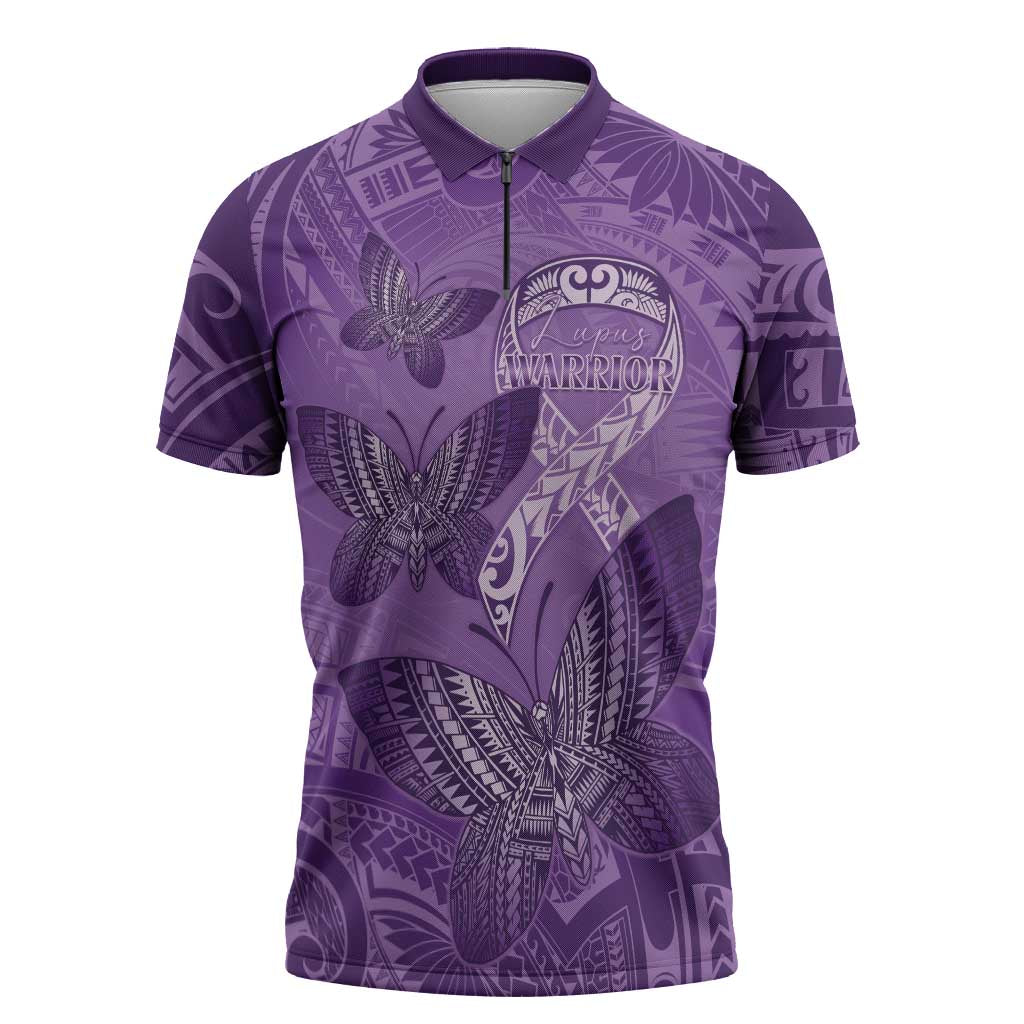 Personalised Polynesia Lupus Awareness Month Zipper Polo Shirt Warrior Purple Ribbon Polynesian Butterflies LT14 Purple - Polynesian Pride