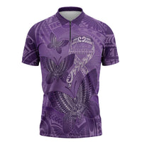 Personalised Polynesia Lupus Awareness Month Zipper Polo Shirt Warrior Purple Ribbon Polynesian Butterflies LT14 Purple - Polynesian Pride