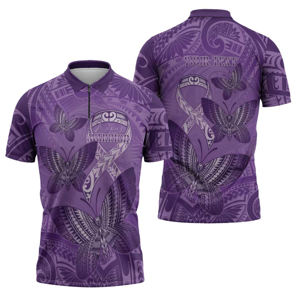 Personalised Polynesia Lupus Awareness Month Zipper Polo Shirt Warrior Purple Ribbon Polynesian Butterflies LT14 - Polynesian Pride