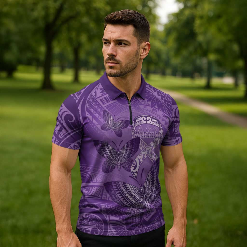 Personalised Polynesia Lupus Awareness Month Zipper Polo Shirt Warrior Purple Ribbon Polynesian Butterflies LT14 - Polynesian Pride