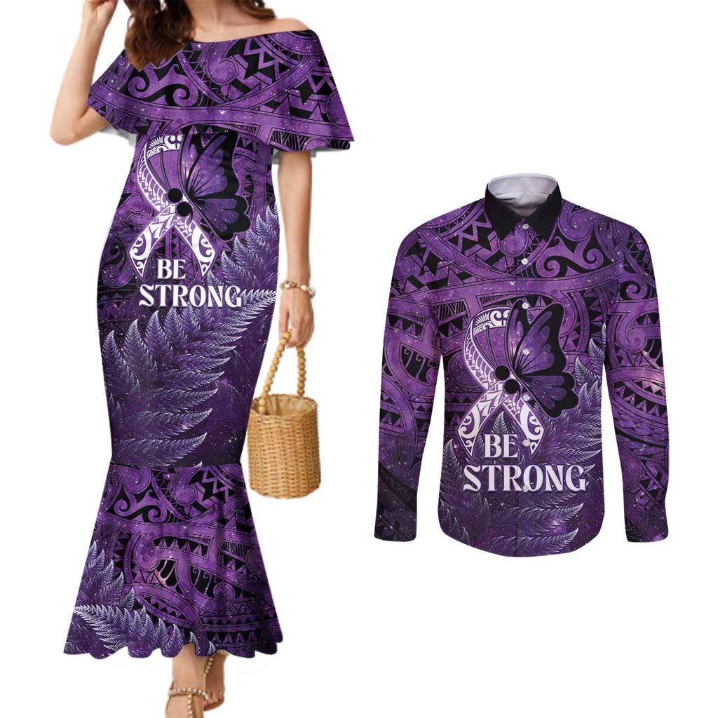 Lupus Awareness Month New Zealand Couples Matching Mermaid Dress and Long Sleeve Button Shirt Be Strong Warrior Maori Silver Fern