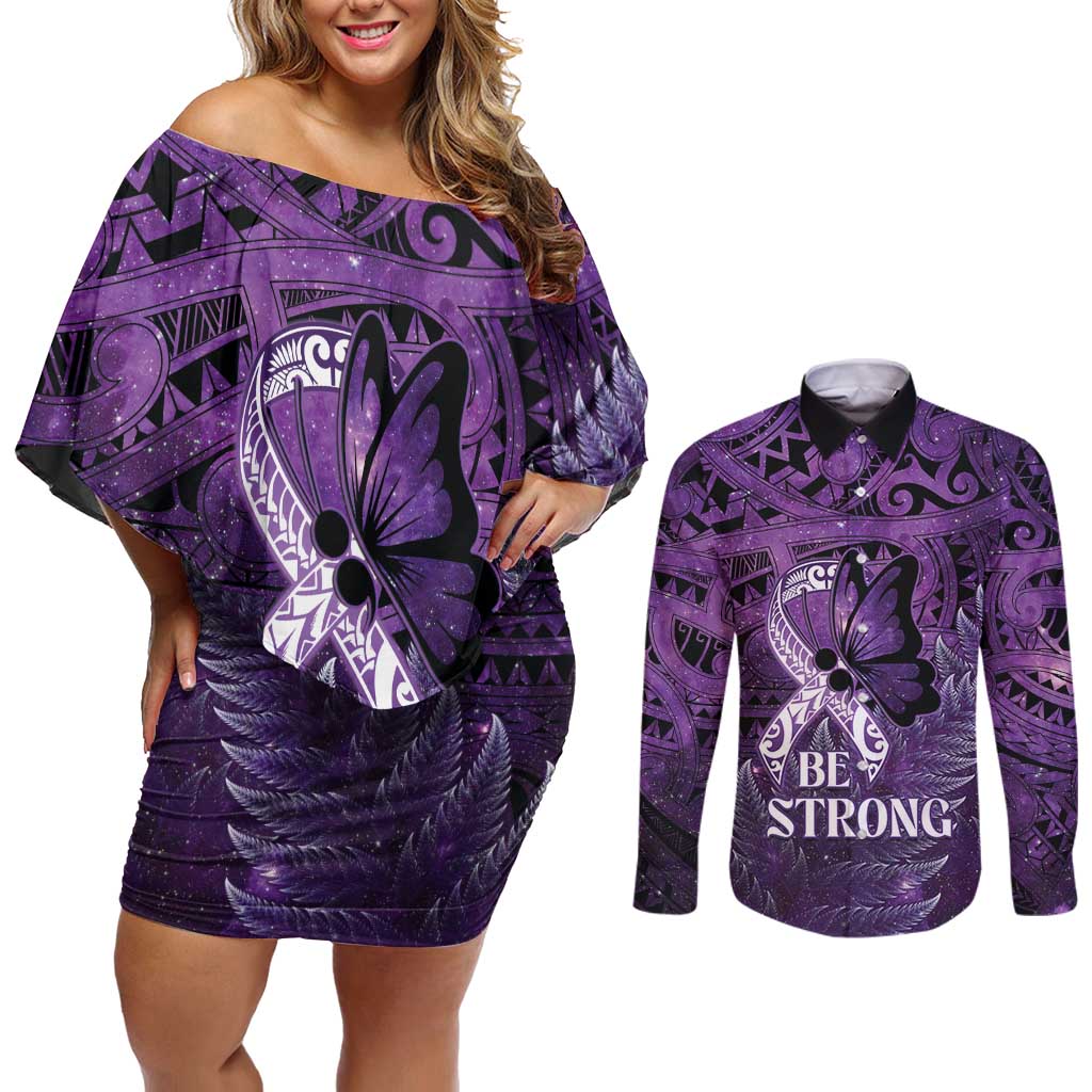 Lupus Awareness Month New Zealand Couples Matching Off Shoulder Short Dress and Long Sleeve Button Shirt Be Strong Warrior Maori Silver Fern