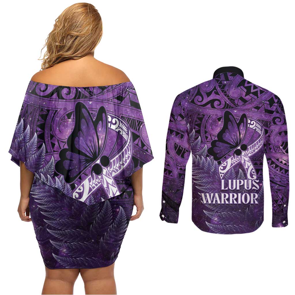 Lupus Awareness Month New Zealand Couples Matching Off Shoulder Short Dress and Long Sleeve Button Shirt Be Strong Warrior Maori Silver Fern