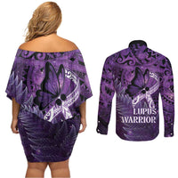 Lupus Awareness Month New Zealand Couples Matching Off Shoulder Short Dress and Long Sleeve Button Shirt Be Strong Warrior Maori Silver Fern