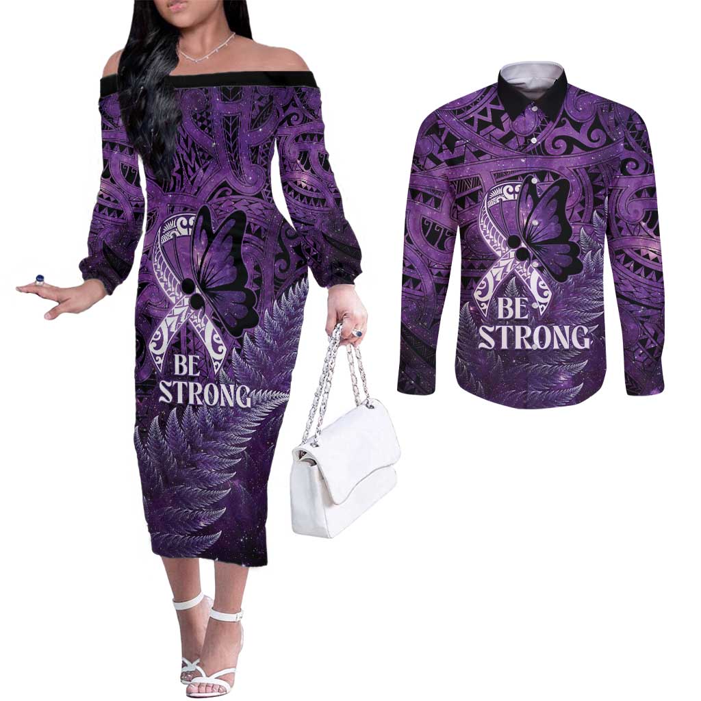 Lupus Awareness Month New Zealand Couples Matching Off The Shoulder Long Sleeve Dress and Long Sleeve Button Shirt Be Strong Warrior Maori Silver Fern