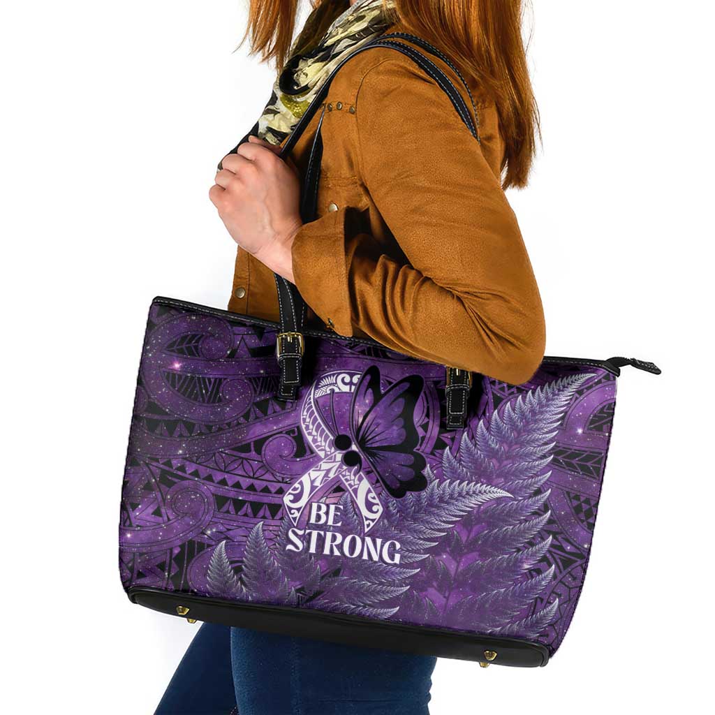 Lupus Awareness Month New Zealand Leather Tote Bag Be Strong Warrior Maori Silver Fern LT14 Purple - Polynesian Pride