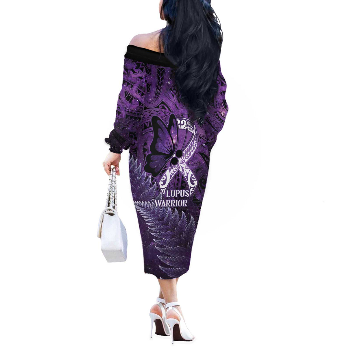 Lupus Awareness Month New Zealand Off The Shoulder Long Sleeve Dress Be Strong Warrior Maori Silver Fern
