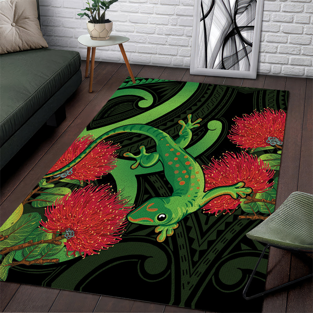 New Zealand Gecko Area Rug Aotearoa Maori With Pohutukawa Flowers LT14 Black - Polynesian Pride
