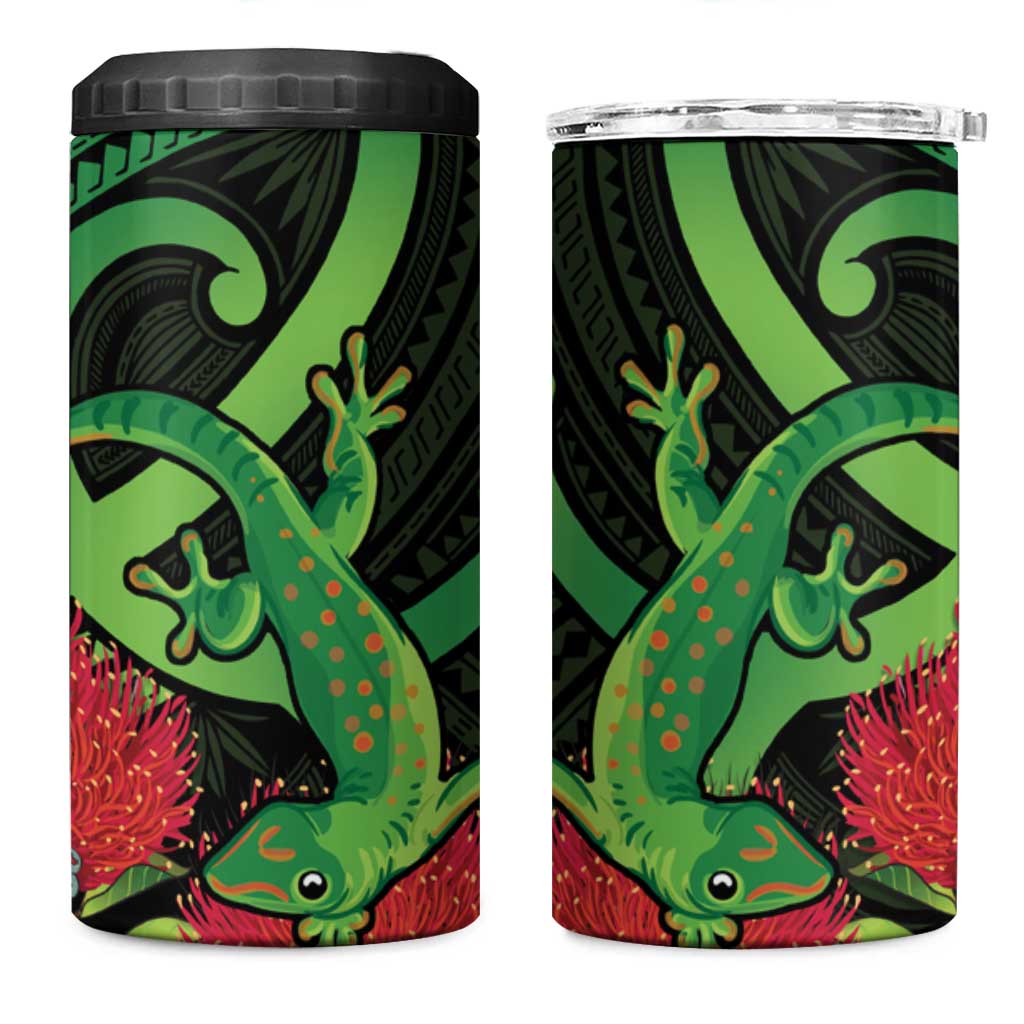 New Zealand Gecko 4 in 1 Can Cooler Tumbler Aotearoa Maori With Pohutukawa Flowers
