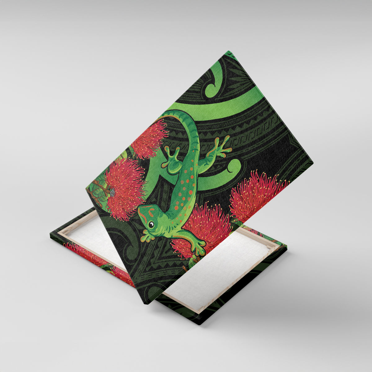 New Zealand Gecko Canvas Wall Art Aotearoa Maori With Pohutukawa Flowers