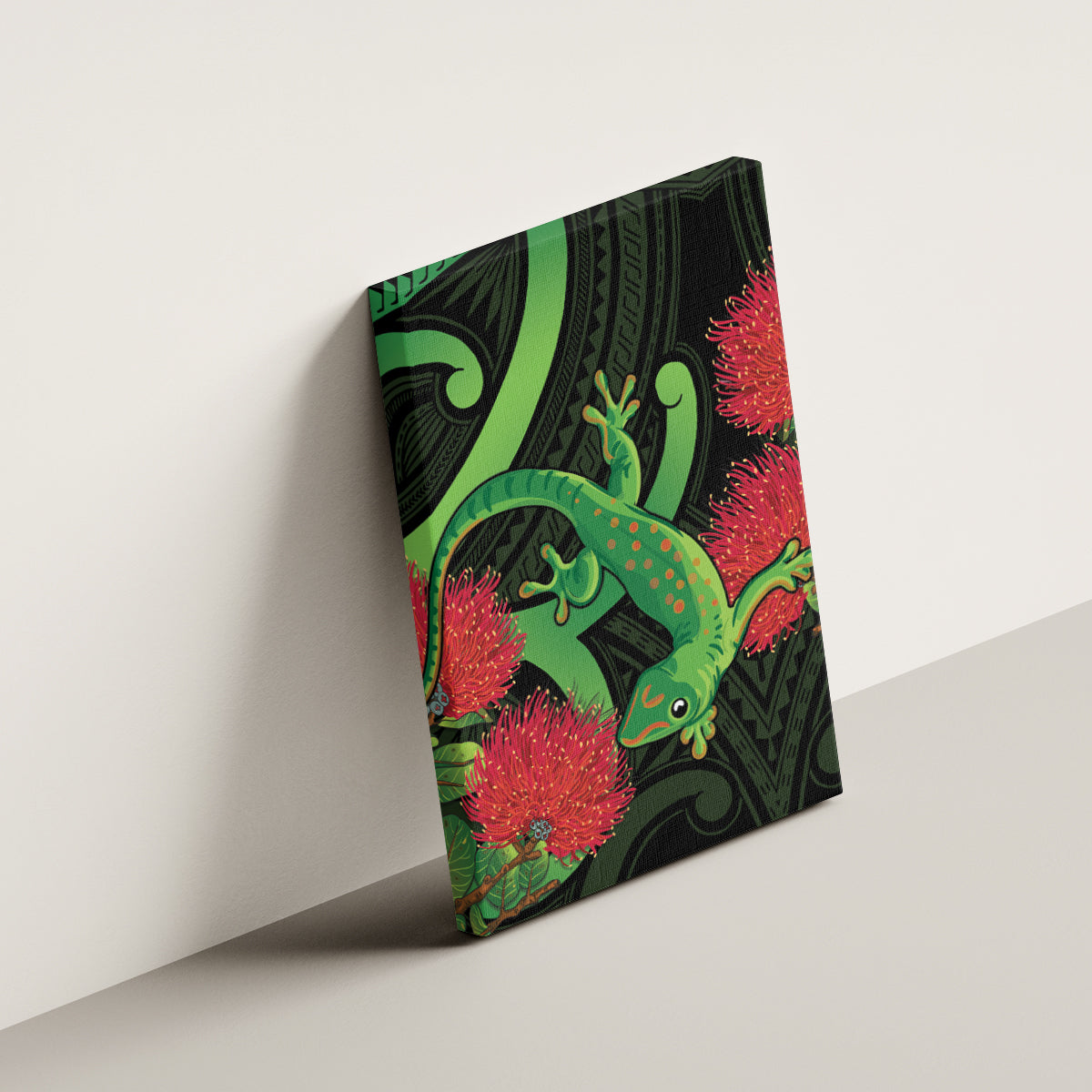 New Zealand Gecko Canvas Wall Art Aotearoa Maori With Pohutukawa Flowers