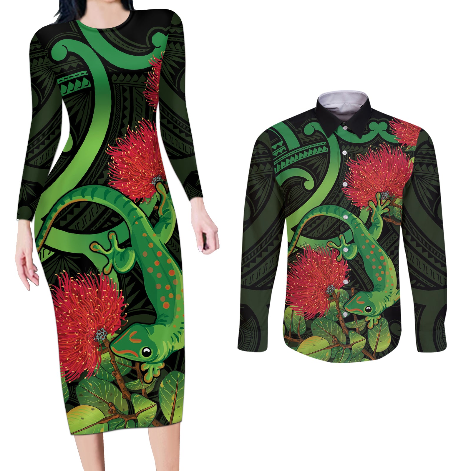 New Zealand Gecko Couples Matching Long Sleeve Bodycon Dress and Long Sleeve Button Shirt Aotearoa Maori With Pohutukawa Flowers LT14 Black - Polynesian Pride