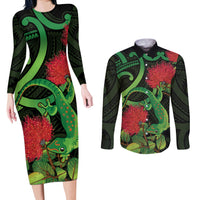 New Zealand Gecko Couples Matching Long Sleeve Bodycon Dress and Long Sleeve Button Shirt Aotearoa Maori With Pohutukawa Flowers