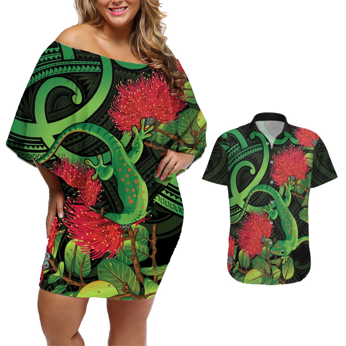 New Zealand Gecko Couples Matching Off Shoulder Short Dress and Hawaiian Shirt Aotearoa Maori With Pohutukawa Flowers