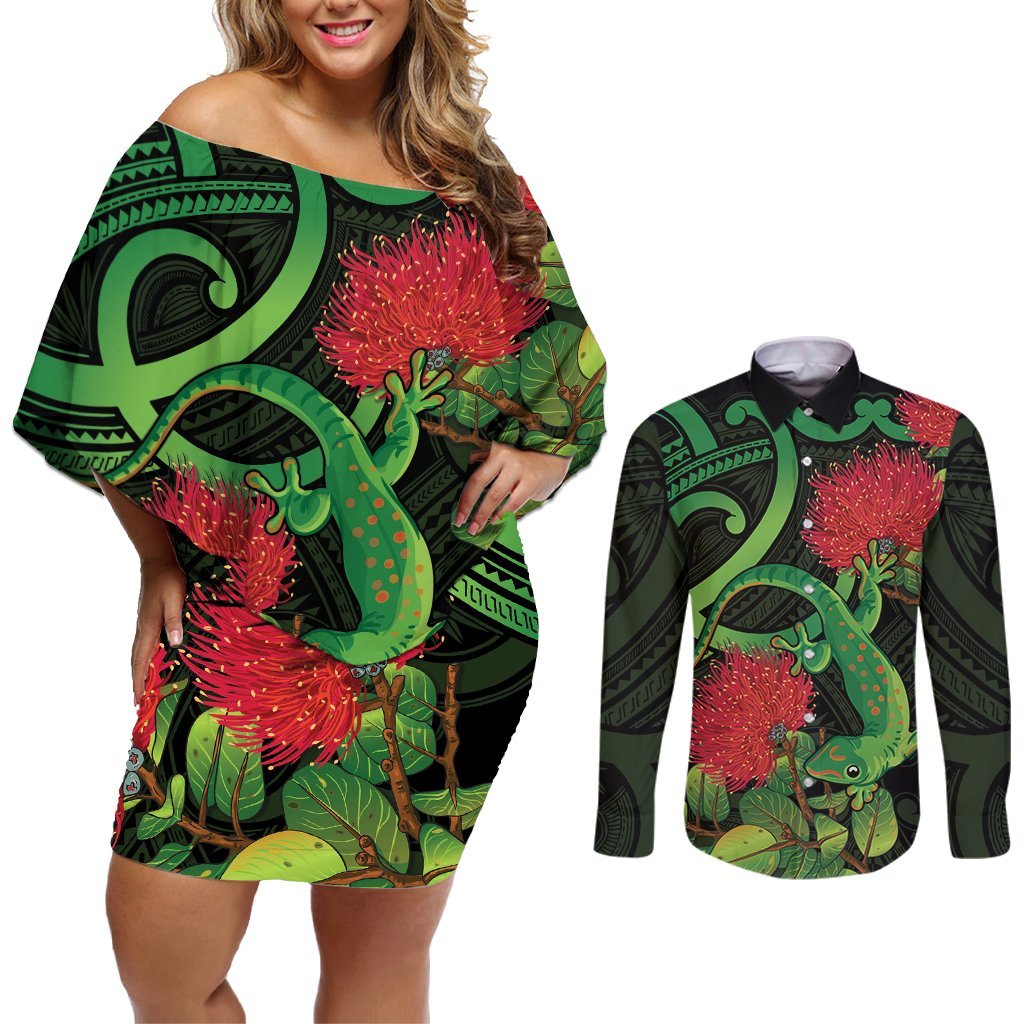 New Zealand Gecko Couples Matching Off Shoulder Short Dress and Long Sleeve Button Shirt Aotearoa Maori With Pohutukawa Flowers LT14 Black - Polynesian Pride