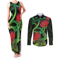 New Zealand Gecko Couples Matching Tank Maxi Dress and Long Sleeve Button Shirt Aotearoa Maori With Pohutukawa Flowers