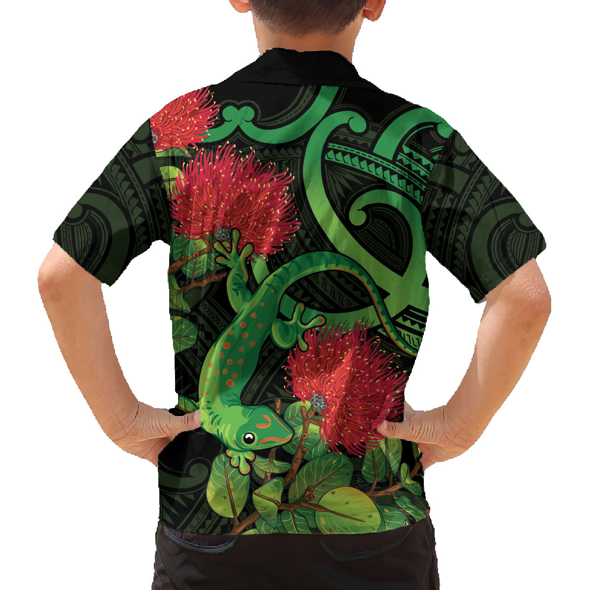 New Zealand Gecko Family Matching Long Sleeve Bodycon Dress and Hawaiian Shirt Aotearoa Maori With Pohutukawa Flowers LT14 - Polynesian Pride