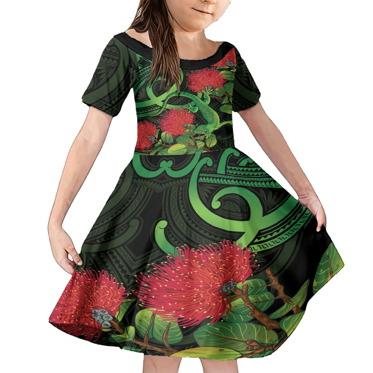New Zealand Gecko Family Matching Long Sleeve Bodycon Dress and Hawaiian Shirt Aotearoa Maori With Pohutukawa Flowers LT14 Daughter's Dress Black - Polynesian Pride