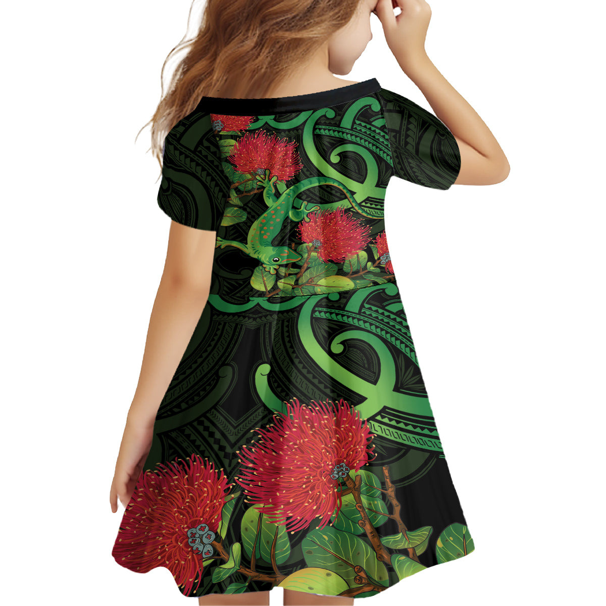 New Zealand Gecko Family Matching Long Sleeve Bodycon Dress and Hawaiian Shirt Aotearoa Maori With Pohutukawa Flowers LT14 - Polynesian Pride