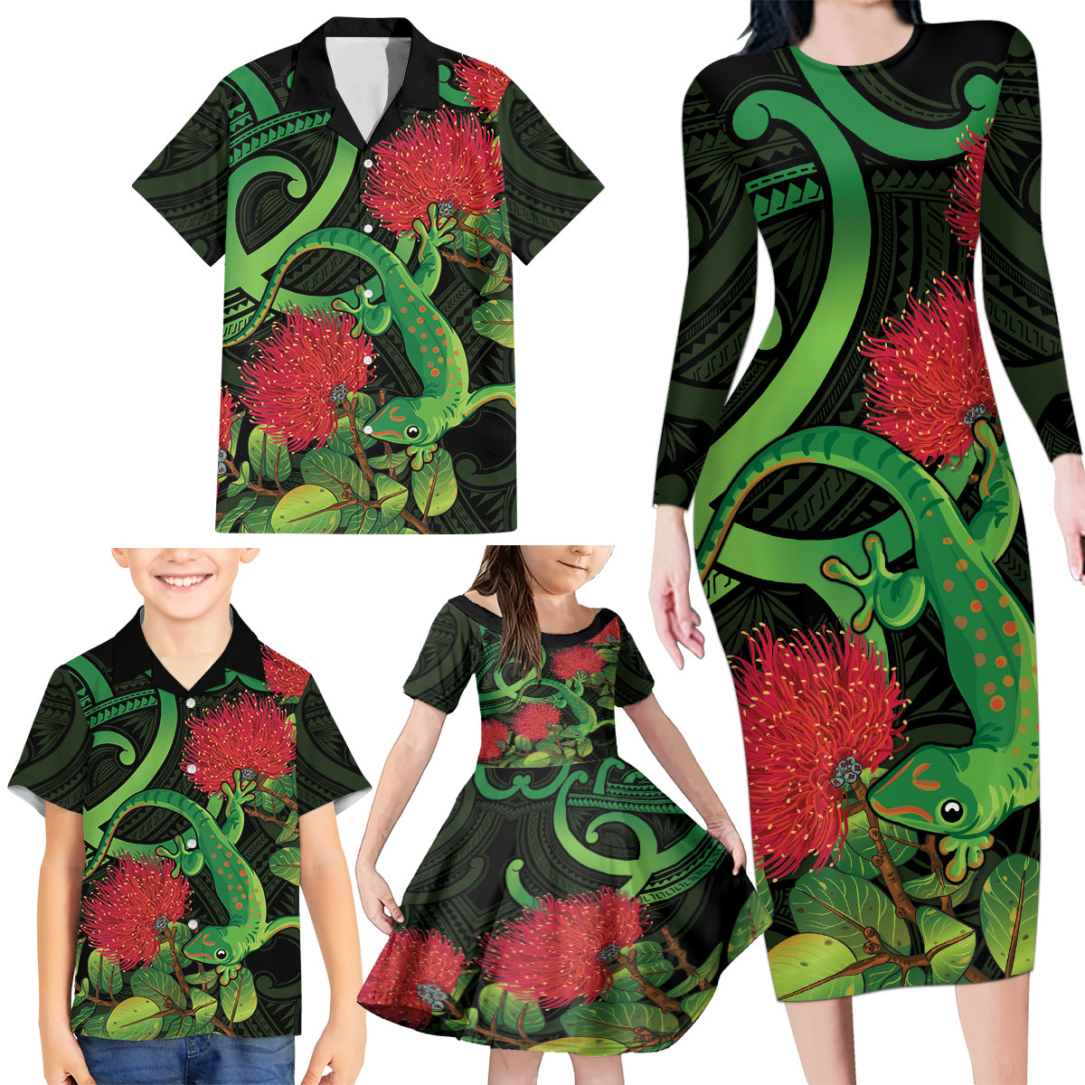 New Zealand Gecko Family Matching Long Sleeve Bodycon Dress and Hawaiian Shirt Aotearoa Maori With Pohutukawa Flowers LT14 - Polynesian Pride