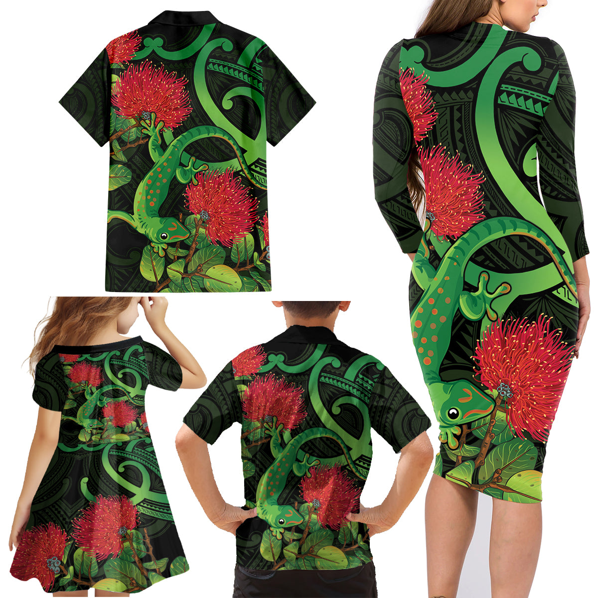 New Zealand Gecko Family Matching Long Sleeve Bodycon Dress and Hawaiian Shirt Aotearoa Maori With Pohutukawa Flowers LT14 - Polynesian Pride