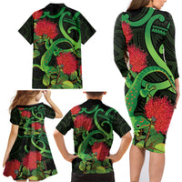 New Zealand Gecko Family Matching Long Sleeve Bodycon Dress and Hawaiian Shirt Aotearoa Maori With Pohutukawa Flowers LT14 - Polynesian Pride