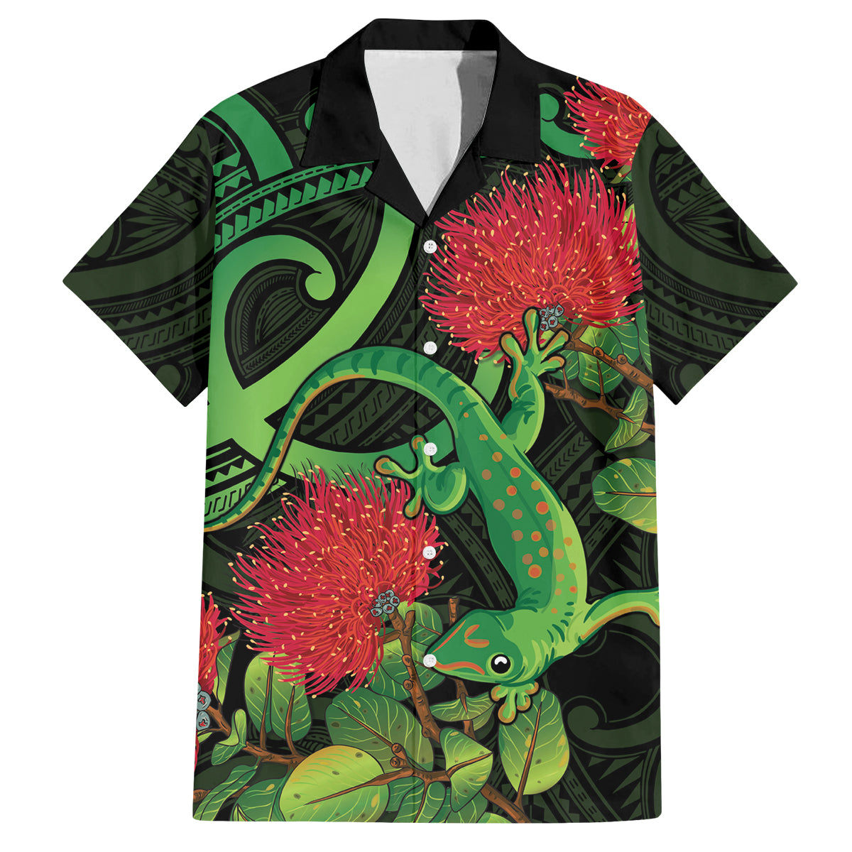 New Zealand Gecko Family Matching Long Sleeve Bodycon Dress and Hawaiian Shirt Aotearoa Maori With Pohutukawa Flowers LT14 Dad's Shirt - Short Sleeve Black - Polynesian Pride