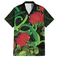 New Zealand Gecko Family Matching Long Sleeve Bodycon Dress and Hawaiian Shirt Aotearoa Maori With Pohutukawa Flowers LT14 Dad's Shirt - Short Sleeve Black - Polynesian Pride