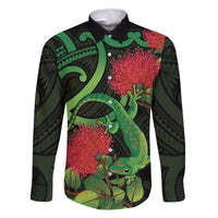 New Zealand Gecko Family Matching Long Sleeve Bodycon Dress and Hawaiian Shirt Aotearoa Maori With Pohutukawa Flowers LT14 Dad's Shirt - Long Sleeve Black - Polynesian Pride