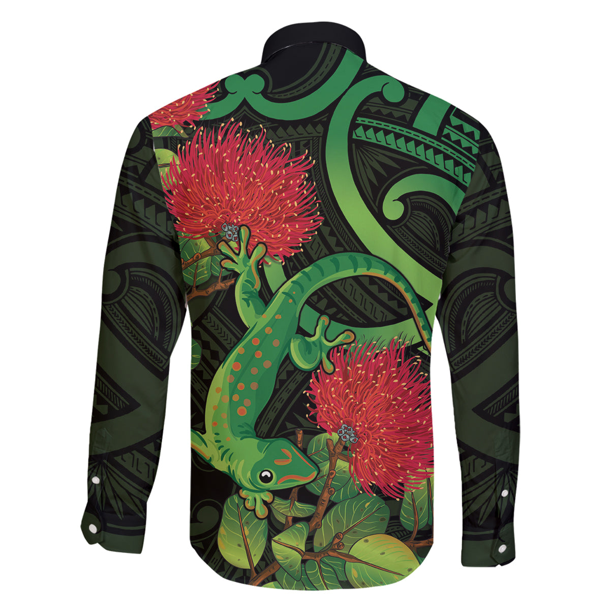 New Zealand Gecko Family Matching Long Sleeve Bodycon Dress and Hawaiian Shirt Aotearoa Maori With Pohutukawa Flowers LT14 - Polynesian Pride