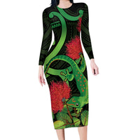 New Zealand Gecko Family Matching Long Sleeve Bodycon Dress and Hawaiian Shirt Aotearoa Maori With Pohutukawa Flowers LT14 Mom's Dress Black - Polynesian Pride
